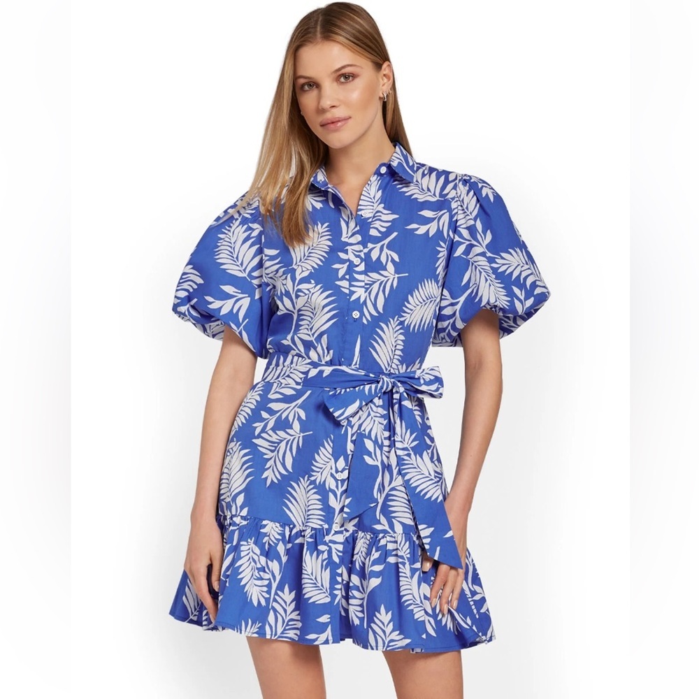 Flying Tomato Blue and White Leaf Print Puff-Sleeve Shirt Dress